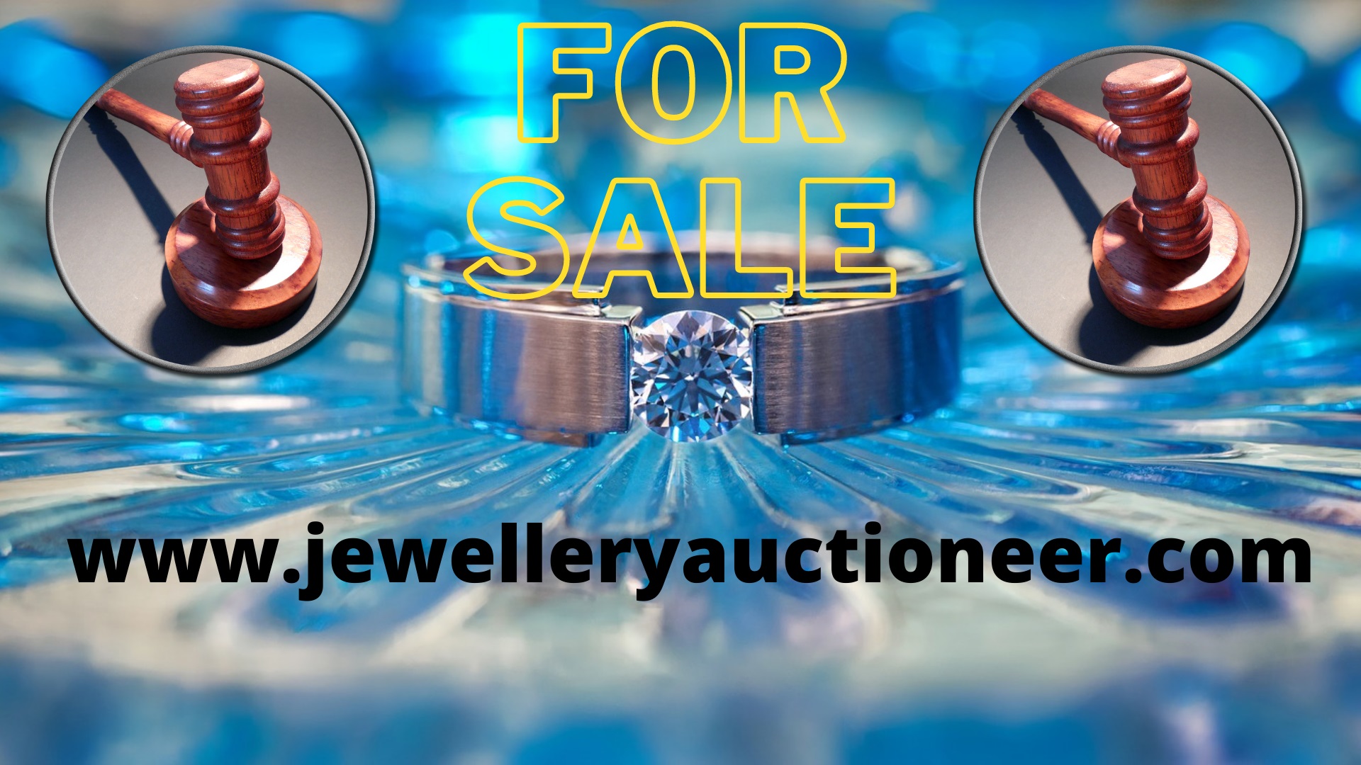 Big image of diamond ring and auctioneer's gavel advertising premium domain jewelleryactioneer.com is for sale now