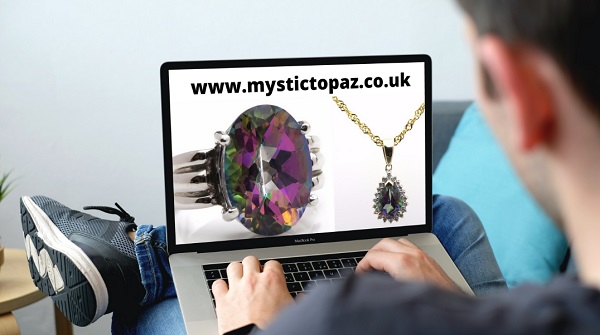 mystic topaz and diamond jewellery on laptop screen denoting mystictopaz.co.uk domain name for sale by strongfields the jeweller