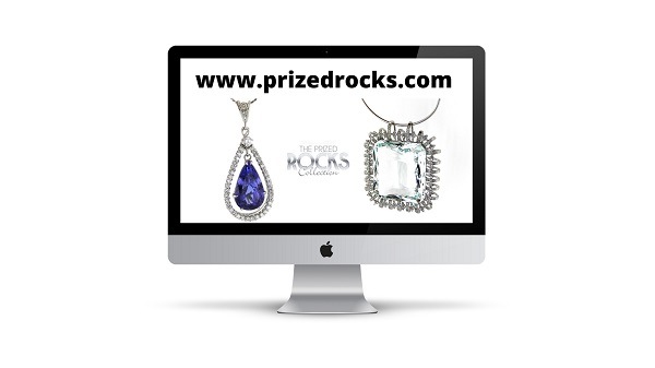 desktop pc displaying premium quality jewellery items and banner showing prizedrocks.com domain name is for sale by strongfields the jeweller